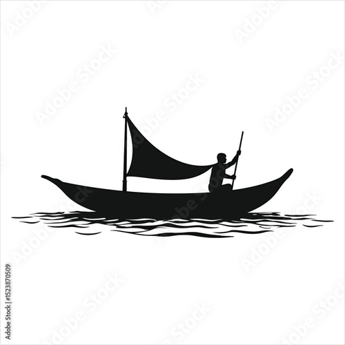 Silhouette of a traditional boat with a sailor sailing on the water against white background