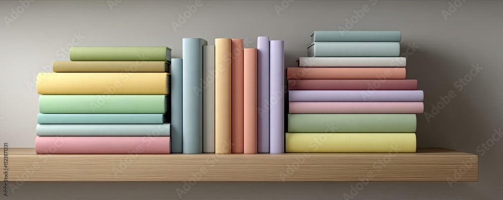 Fototapeta premium Money stress relief for wealth and simplicity focus concept. Colorful books neatly arranged on a wooden shelf.