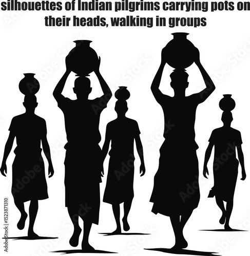 silhouettes of Indian pilgrims carrying pots on their heads, walking in groups