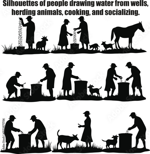 Silhouettes of people drawing water from wells, herding animals, cooking, and socializing.