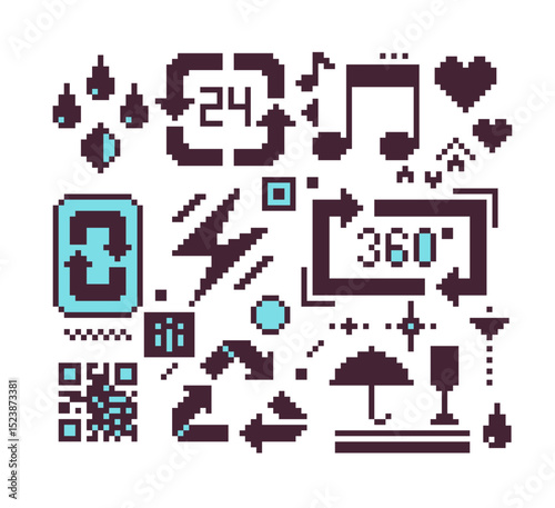 Pixel art icons set, symbol design for logo, sticker, mobile app, website, badges and patches. Isolated vector illustration. Video game sprite.