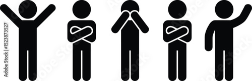 Stick figure people in emotional and expressive poses, vector illustration, black human icons for infographic, UI, emotion, communication design