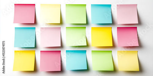 Set of colorful blank sticky notes background. Empty sticky notepad paper copy space collection stuck on wall