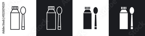 Syrup medicine bottle icons in solid and stroke graphics