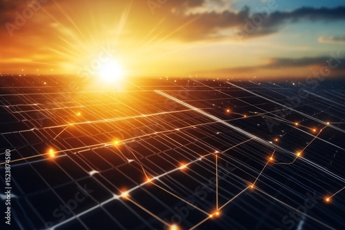 Solar Panels Absorbing Sunlight with Glowing Energy Lines and Bright Sun in the Background