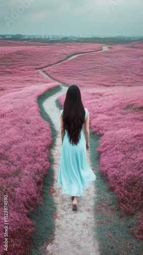 single woman stands with her back to camera in beautiful long dress, her hair is long and dark. dress is elegant and romantic. girl looks at landscape. Romantic shot of a woman in a field.