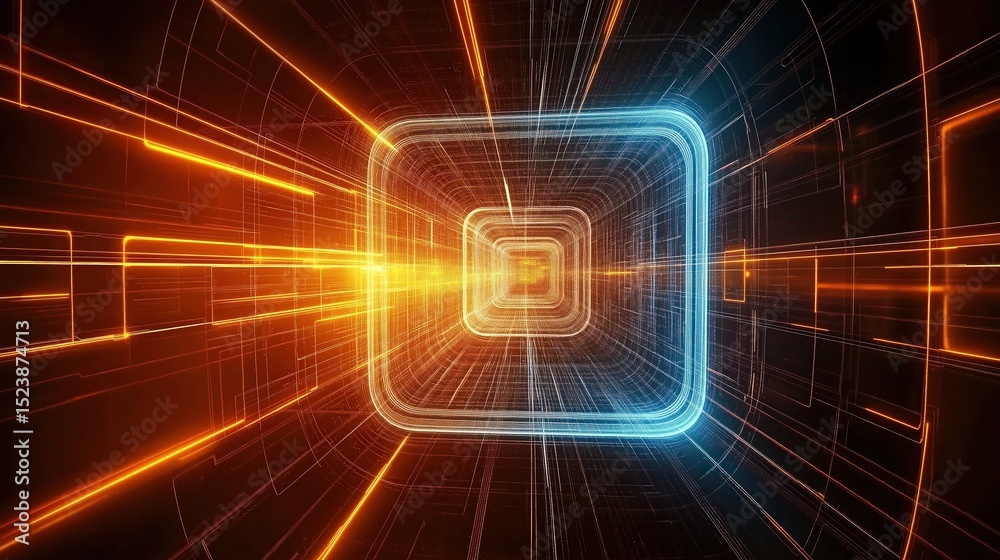 Obraz premium This abstract futuristic tunnel features glowing lines and a rectangular shape at its center, set against a backdrop of cuttingedge technology It creates a space with visual impact, perfect for tech e