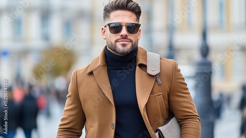 Stylish young man with sunglasses wearing a brown coat and black turtleneck in an urban setting photo