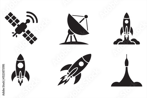 Vector Icons of Rocketships, Communication Satellites, and Antennas for Space Missions and Technology Concepts