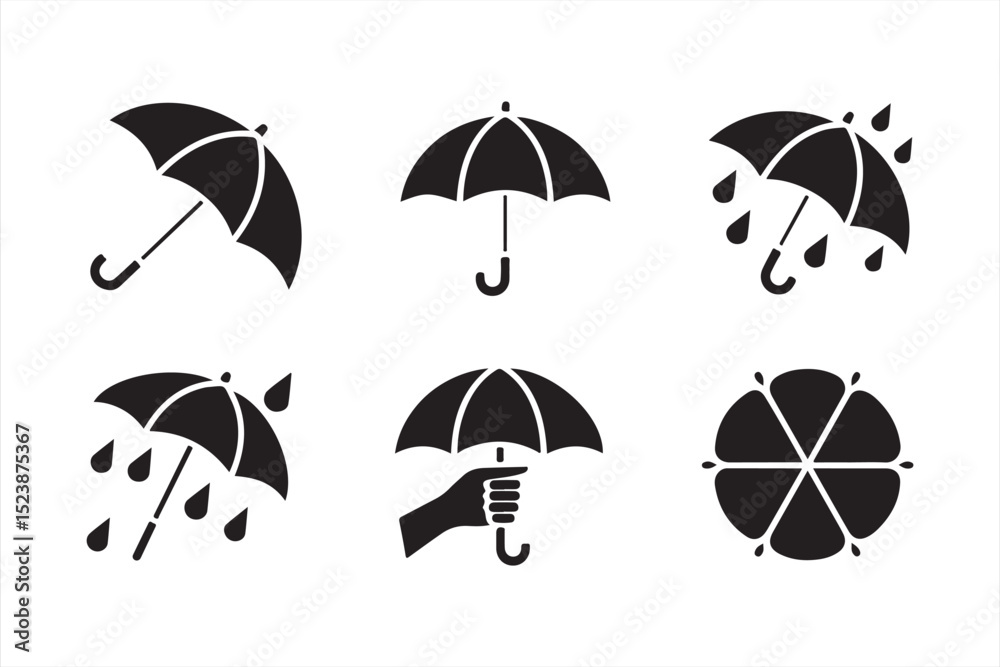 Obraz premium Protective Umbrella Icons – Hands, Drops, and Storm Concepts in Minimal Black Vector