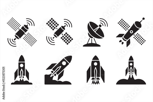 Black Vector Set of Rockets, Satellites, and Signal Antennas for Space and Communication Themes

