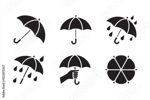 Protective Umbrella Icons – Hands, Drops, and Storm Concepts in Minimal Black Vector
