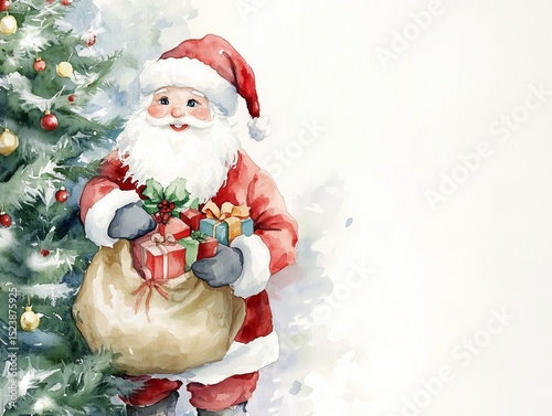Watercolor style illustration of Santa Claus holding a sack of presents next to a festive Christmas tree with copy space