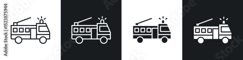 Fire truck icons in solid and stroke graphics