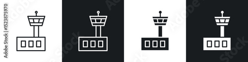 Flight control tower icons in solid and stroke graphics