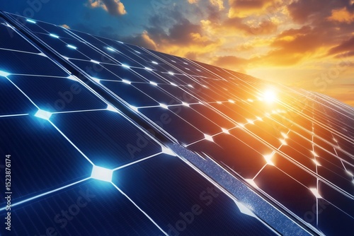 Solar Panels Absorbing Sunlight with Glowing Energy Lines and Bright Sun in the Background