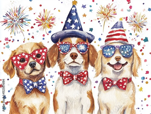 Patriotic Puppies Celebrating Independence Day with Festive Hats and Sunglasses Under a Shower of Fireworks and Confetti
