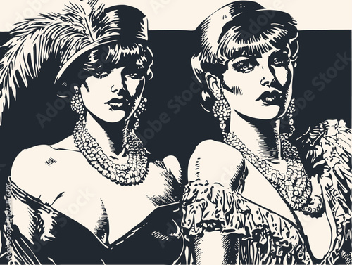 Elegant retro vector illustration of two glamorous women, possibly from the Roaring Twenties or Art Deco era, adorned with feathers and jewels. Black and white graphic novel style.