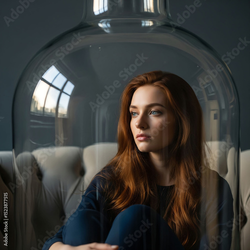 Woman with Red Hair Encased in Glass Dome Looking Outward