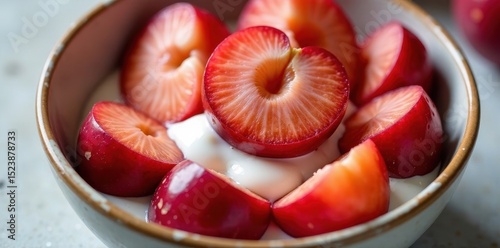 Close-up of juicy red plum halves in a bowl with creamy yogurt, food, bowl, yogurt