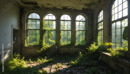 Sunlight streams through broken windows of an abandoned room, revealing nature reclaiming the space—perfect for themes of decay, renewal, or post-apocalyptic beauty