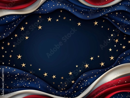 Elegant Wavy Patriotic Fabric with Golden Stars and Glitter Frame for American Celebrations