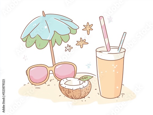 Tropical Beach Drink with Coconut Sunglasses and Umbrella Cartoon Illustration
