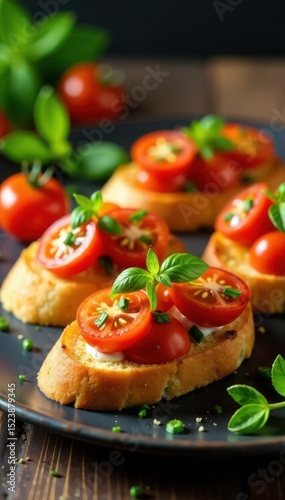 Wallpaper Mural Golden-brown bruschetta, vibrant tomatoes, fresh herbs, symmetrical platter, platters, dish, delicious Torontodigital.ca