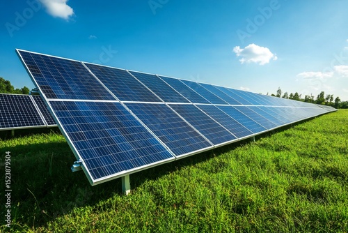 Solar Panels in a Vast Field Reflecting Clear Sky, Symbolizing Renewable Energy and Eco-Friendly Technology