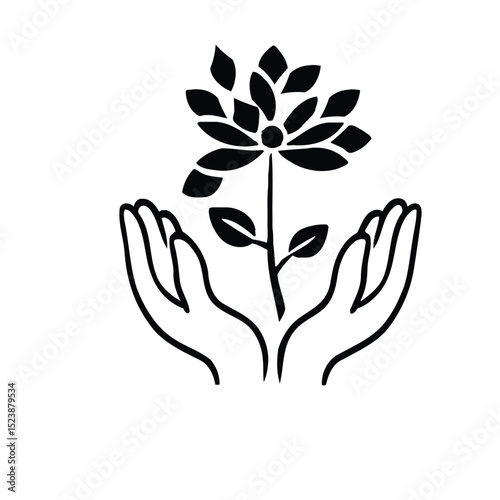 Hands Holding a Blooming Flower – Symbolic Black and White Line Art Representing Growth, Care & Nurturing in Elegant Vector Design
