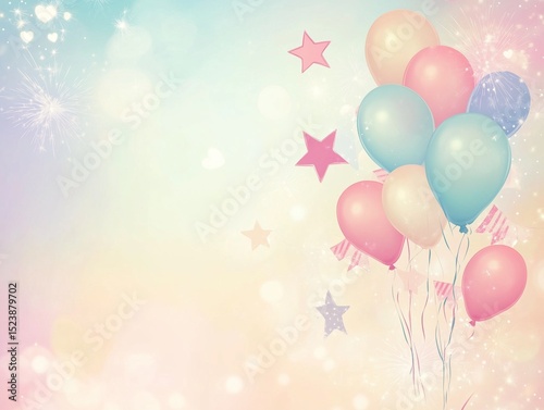 Dreamy Pastel Celebration Background with Floating Balloons Stars and Soft Bokeh Effect
