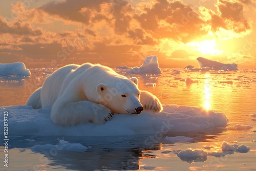 Polar Bear Resting on Ice Floe with Arctic Sunset and Distant Icebergs