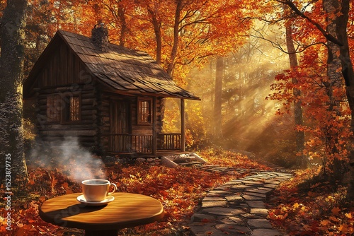Rustic Wooden Cabin in Autumn Forest with Colorful Leaves and Warm Sunlight