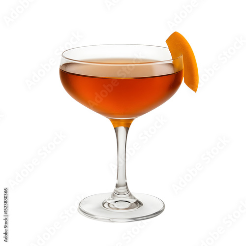 Classic Amber Cocktail with Orange Peel Garnish in a Coupe Glass on a Transparent Background