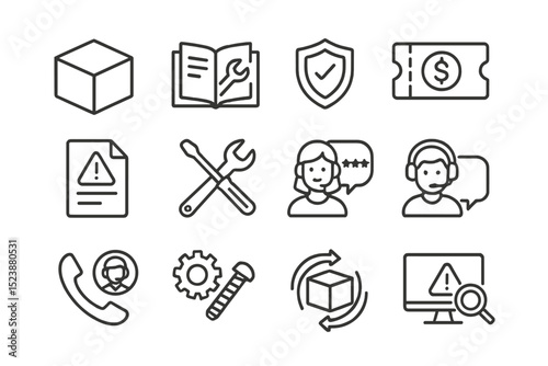 Customer service icons: support, tools, communication, alert, assistance symbols