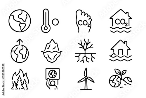 Climate change icons illustrate global warming, deforestation, sea level rise