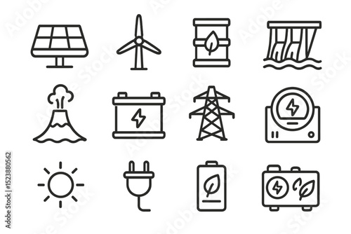 Renewable energy icons: solar, wind, hydro, geothermal, biomass, battery, grid