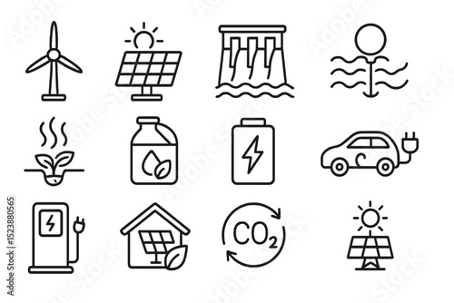 Renewable energy icons: wind, solar, hydro, biomass, electric vehicle, battery