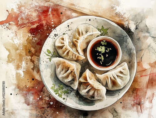 Traditional Japanese Gyoza Dumplings on Plate with Soy Dipping Sauce and Chopsticks Watercolor Style