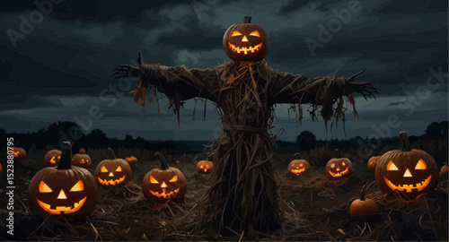 A vibrant field of Halloween pumpkins alongside a scarecrow, symbolizing the harvest and Halloween festivities.  