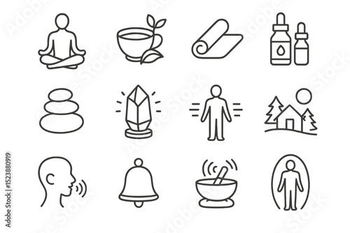 Wellness icons: yoga, meditation, aromatherapy, crystals, mindfulness