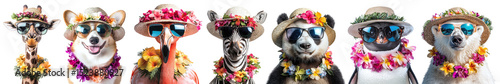 Set of different animals in Hawaiian wreath and sunglasses isolated on transparent background PNG. Dog, flamingo, panda, penguin, zebra, giraffe, bear