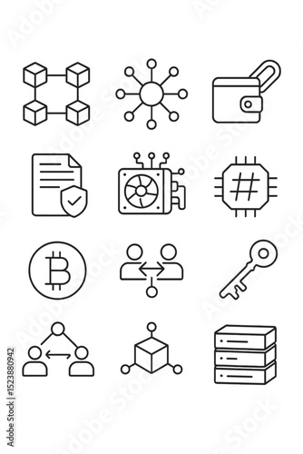 Blockchain and cryptocurrency technology icons on metallic background