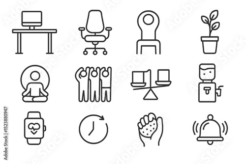 Office and wellness icons: desk, chair, meditation, teamwork, plant