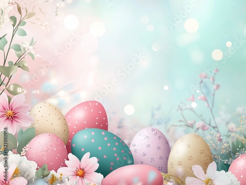 Whimsical Easter Eggs Nestled Among Delicate Spring Flowers and Bokeh Lights, Creating a Joyful and Festive Background for Holiday Celebrations and Springtime Themes