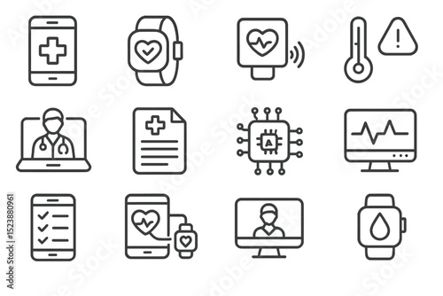 Digital health icons: telemedicine, monitoring, diagnosis, ai integration