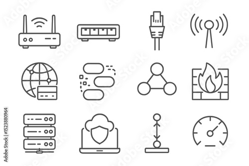 Network technology icons: router, firewall, cloud, speedometer, database