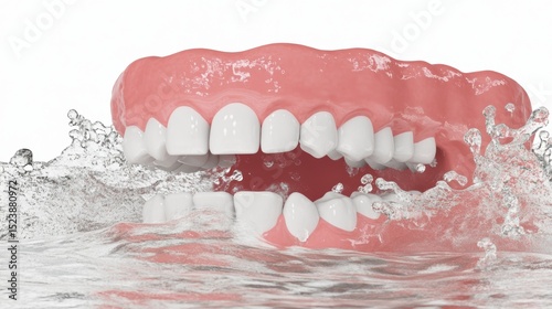 A set of pink novelty teeth is playfully splashing in the water