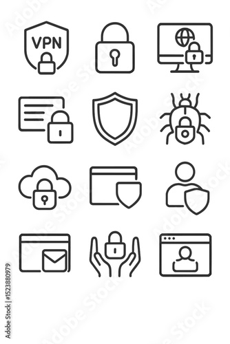 Cybersecurity icons set featuring various security and privacy elements