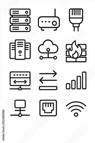 Network technology icons: router, cloud, firewall, ethernet symbols